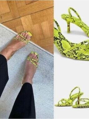 Zara Neon Yellow Snake-Print Strappy Slingback Heels